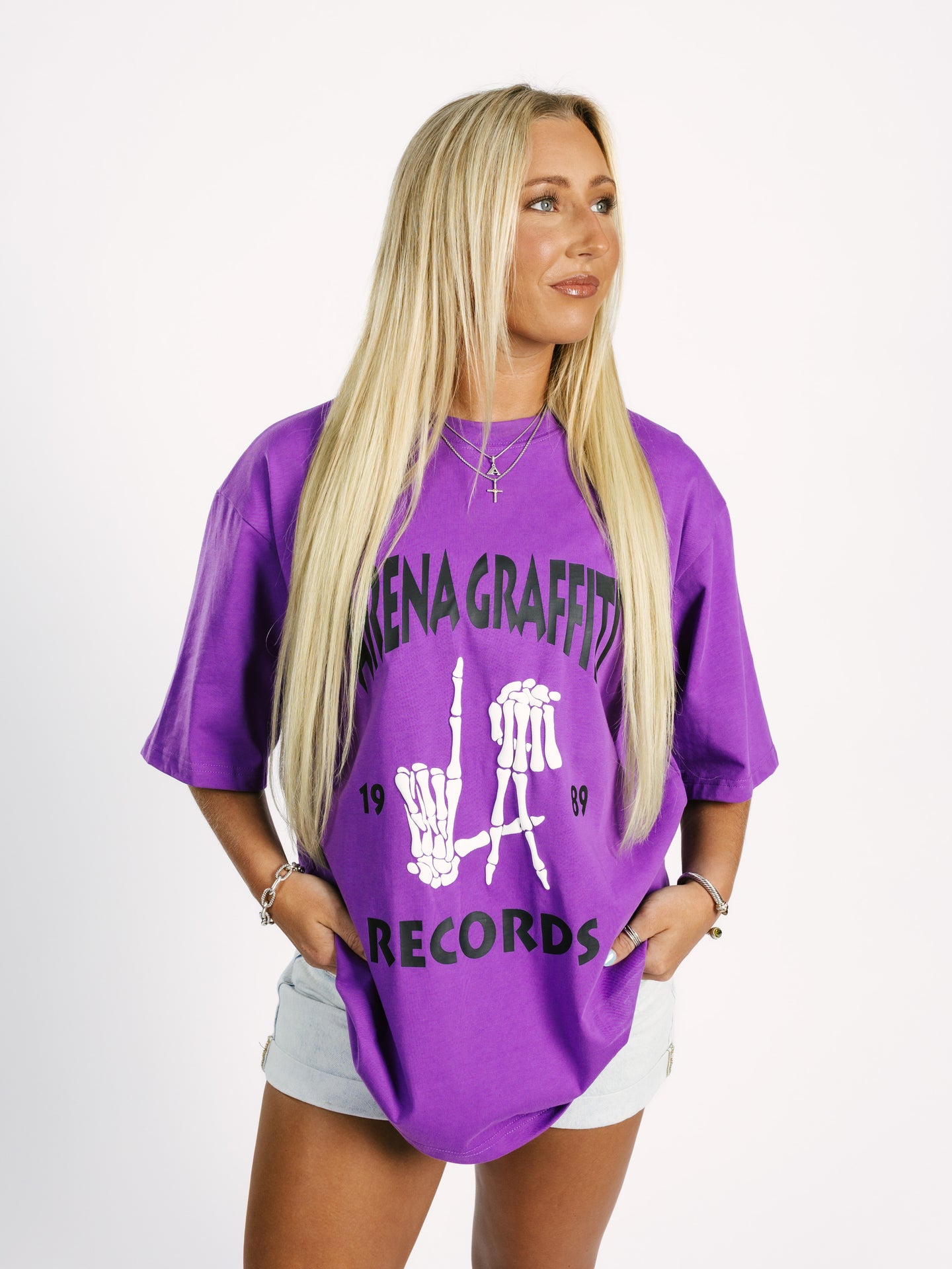 Purple Arena Graffiti Record Acid Wash Boxy Tee
