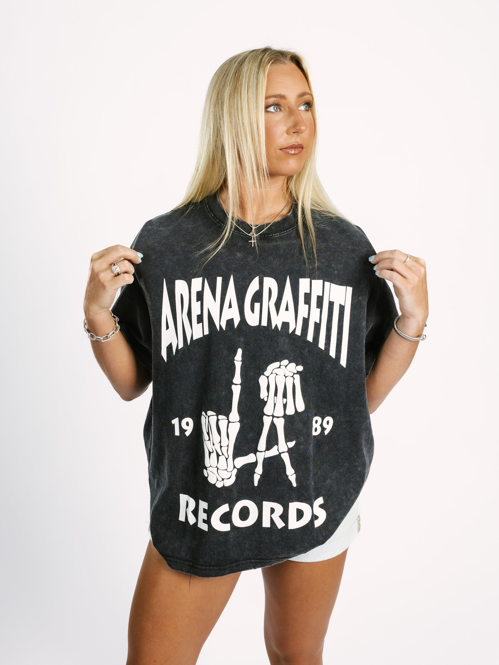 Black Arena Graffiti Record Acid Wash Boxy Tee