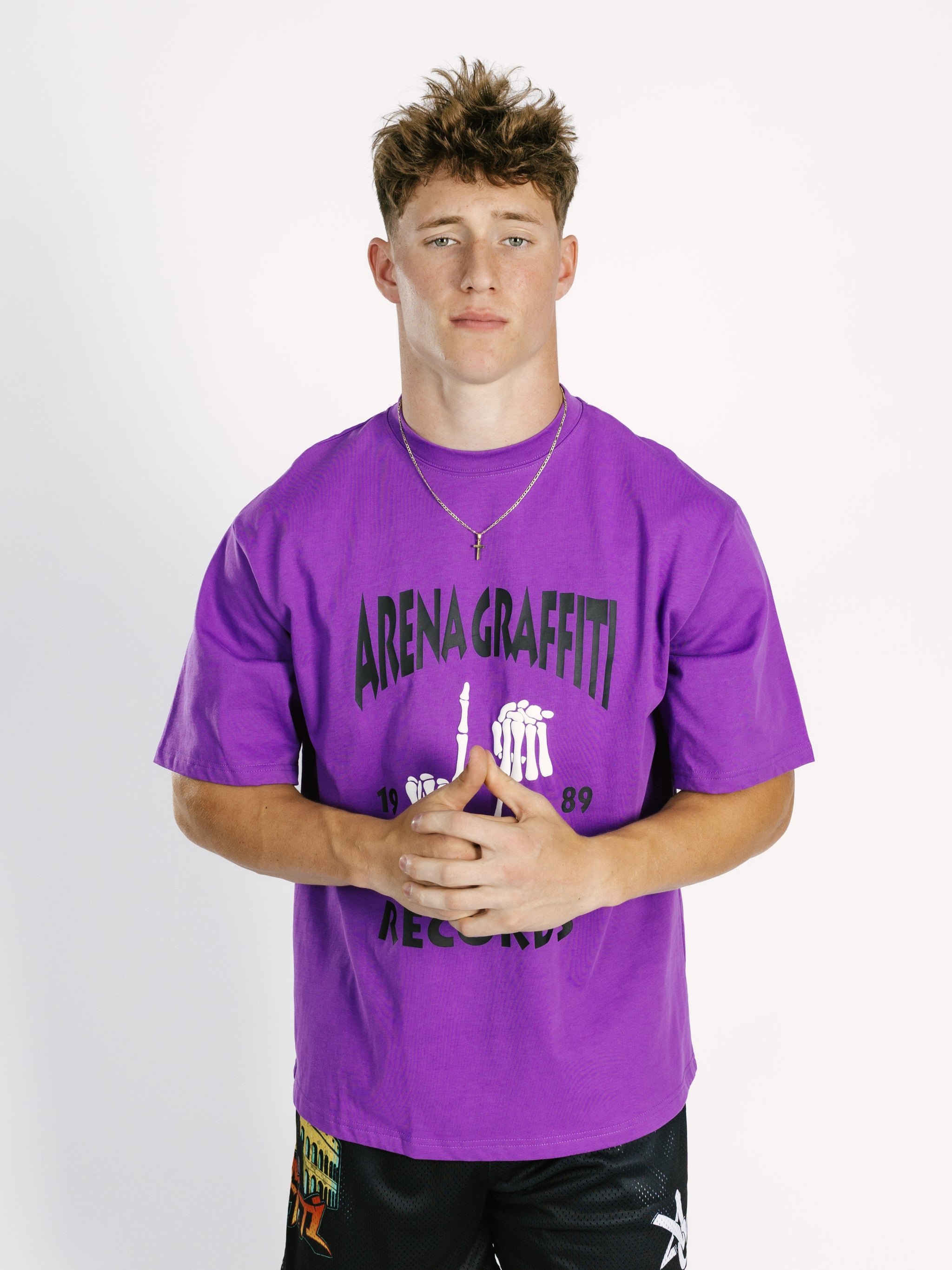 Purple Arena Graffiti Record Acid Wash Boxy Tee