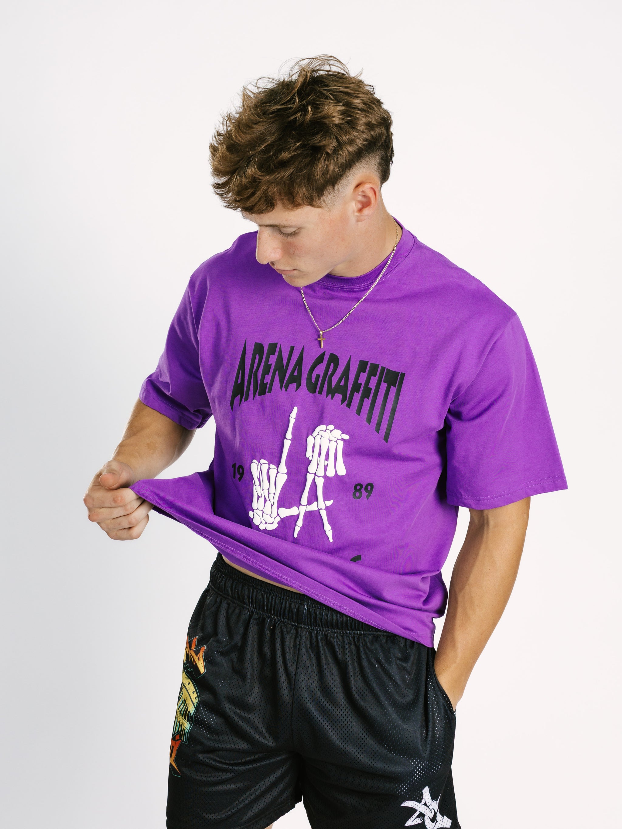 Purple Arena Graffiti Record Acid Wash Boxy Tee