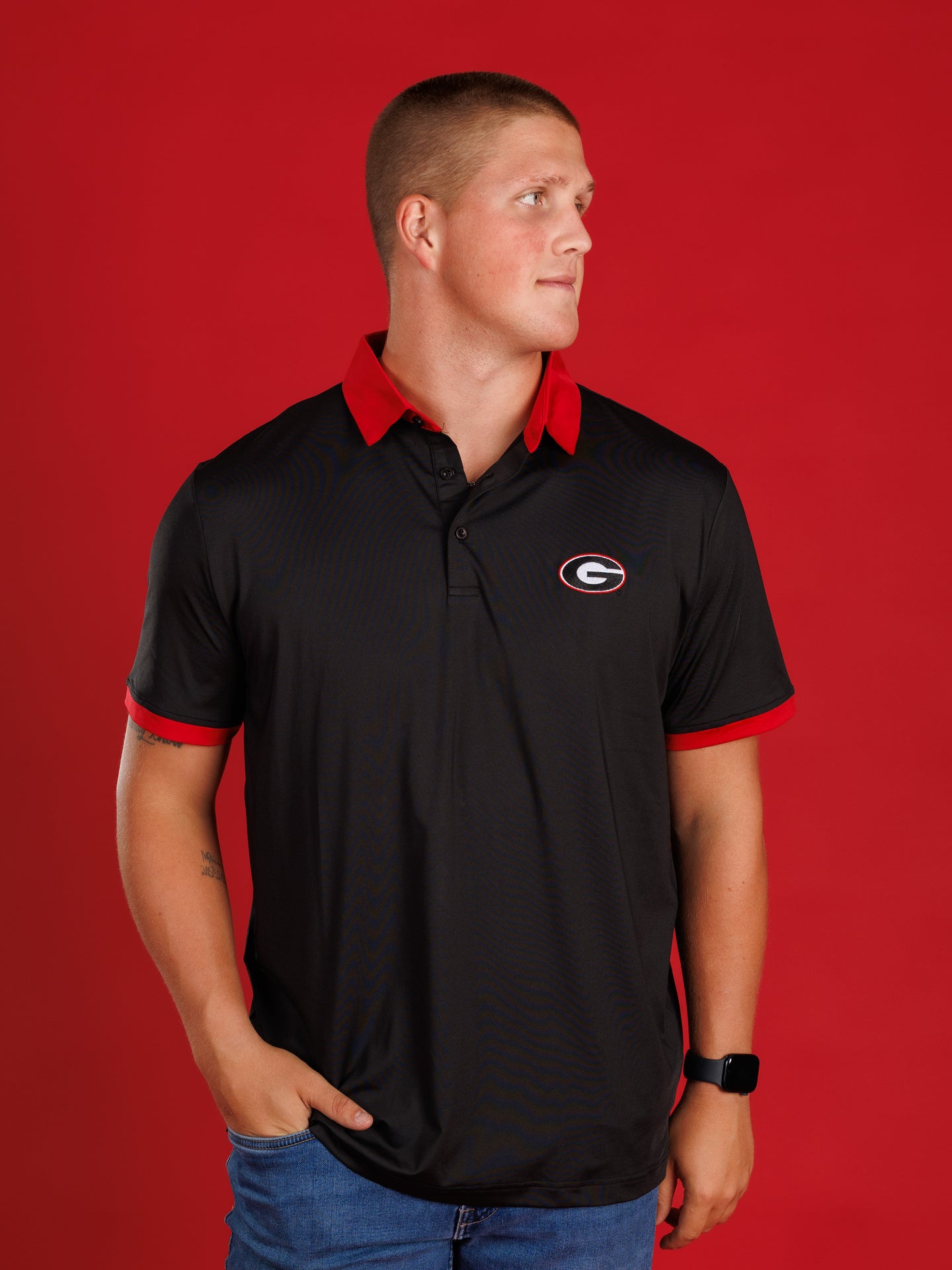 Solid Black With Red Collar And Oval G Polo