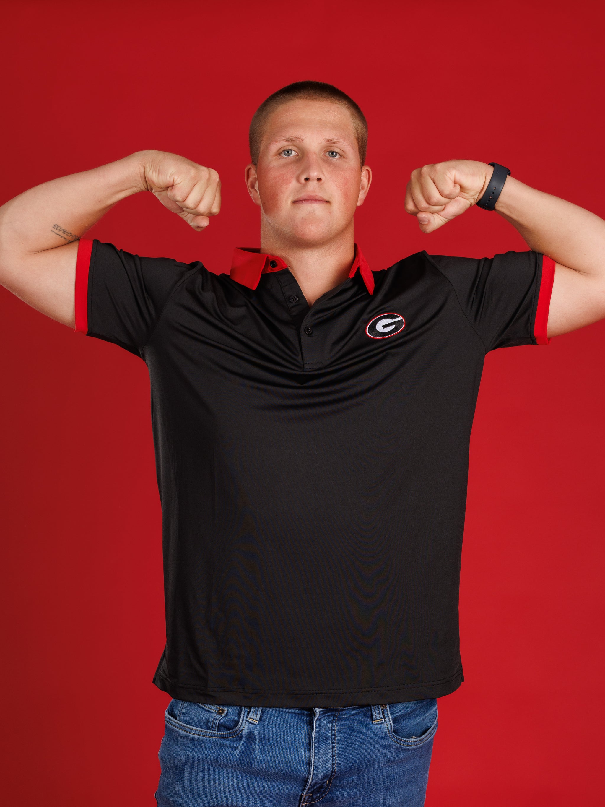 Solid Black With Red Collar And Oval G Polo