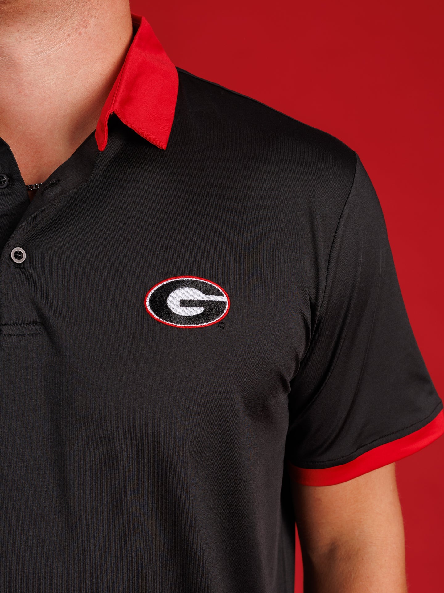 Solid Black With Red Collar And Oval G Polo