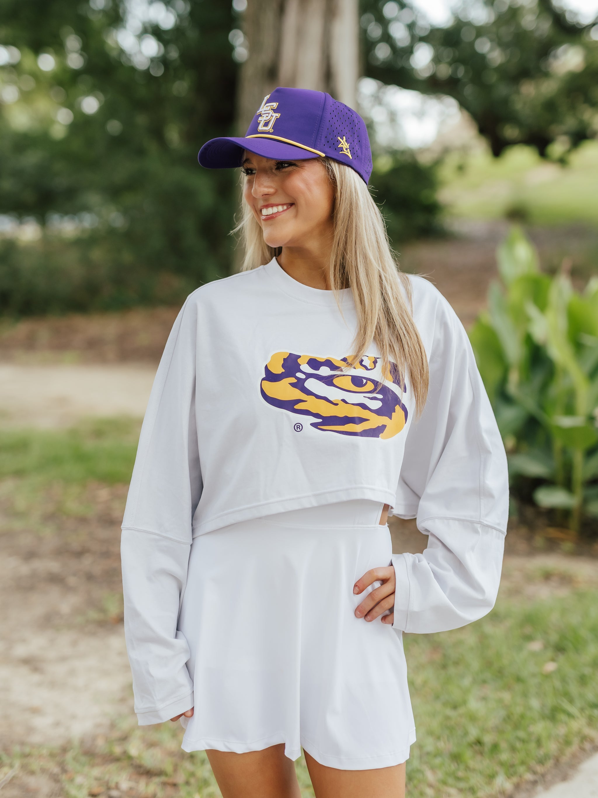 Silk Gray LSU Long Sleeve Active Crop Top